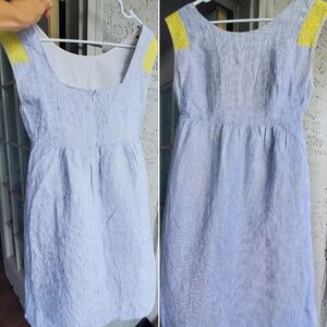 100% Linen J. Crew Charming Blue and Yellow Embroidered Midi Dress Sz 2 Xs